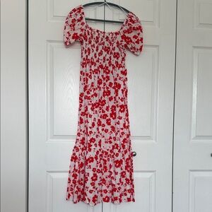Zara White Maxi Dress with Red Floral Print and Puff Sleeves